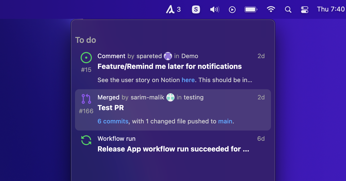 Desktop notifications for a pull request and action in Neat.