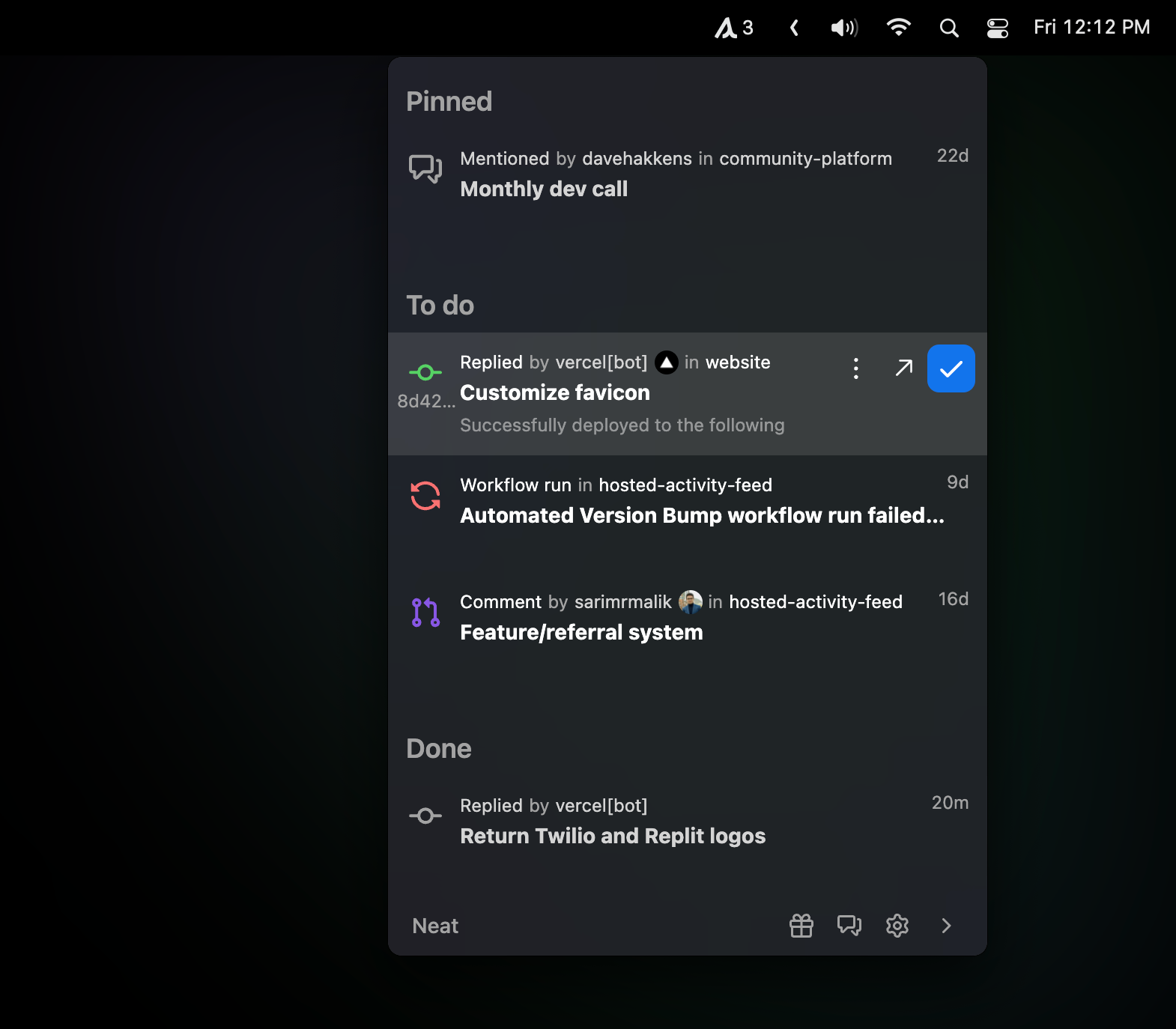 Screenshot of Neat menu bar notifier app